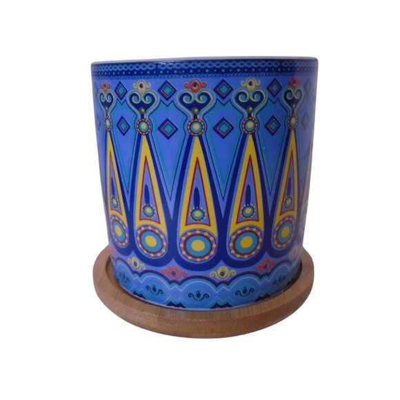 Succulent Pots 3 inch Mandala Boho Blue Ceramic with Bamboo Trays 2 Pcs Set - Picture 2 of 8